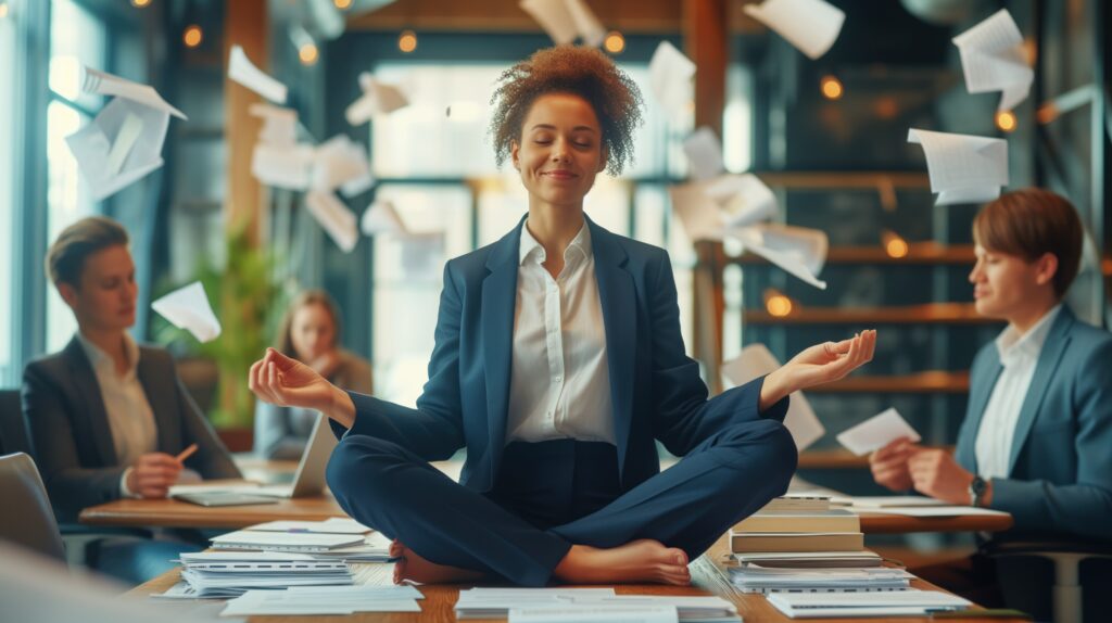 Profissional em meditação no escritório (equilíbrio e stress)